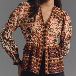 NEW Farm Rio Anthro Long Sleeve Button Front V-Neck Peasant Blouse Size Small